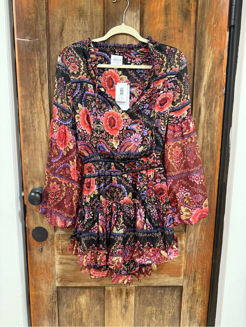 Misa Los Angeles Black Floral Tiered V-Neck Romper with Red & Pink Blooms